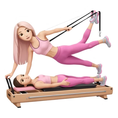 pretty white brunette teen long hair with hazel eyes and a small waist in light pink workout clothes in a plank on a pilates reformer sticker