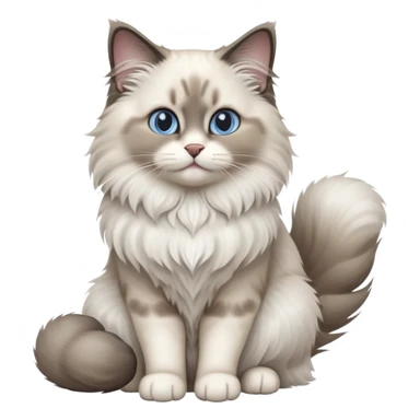 cinematic-[Ragdoll cat]-realistic-full-body-sitting-emoji,-tail-curled-playfully-around-its-paws,-head-tilted-dramatically,-fluffy-[grey ragdoll cat]-fur,-simplified-yet-realistic-focused-features,-highly-detailed,-glowing-with-an-almost-sarcastic-glow sticker