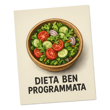 hyperrealistic 4K image of a sheet of paper seen from above with a bowl of salad drawn and the text 'DIETA BEN PROGRAMMATA', no background sticker
