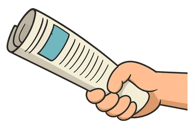 Create a cartoon style illustration of a hand holding a rolled up newspaper, matching the pose and perspective of the reference image. The background should be transparent. The image should show only the hand and the newspaper, with no person visible. The style should be consistent with flat toon style, emphasizing clear shapes and vibrant colors. sticker