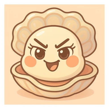 Enhance the oyster's eyes to be more expressive and luminous with pretty eyelashes. Accentuate pastel, pearly, cream, peach, and greige nuances. Keep the shell large and the oyster small. Maintain the pastel toon style, the background, and the mischievous expression. sticker