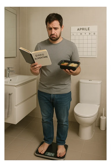 Uomo sulla trentina in piedi su una bilancia in bagno, con espressione delusa e confusa. In mano tiene un diario alimentare e un contenitore per i pasti già preparati, segno che sta seguendo una dieta. Dietro di lui un calendario con settimane segnate, ma senza cambiamenti. Il suo corpo appare identico a prima, senza progressi visibili. La bilancia digitale mostra lo stesso numero. Ambientazione pulita e moderna, toni neutri. Atmosfera di frustrazione e demotivazione, luce soffusa. scrivi tutti i testi in italiano sticker