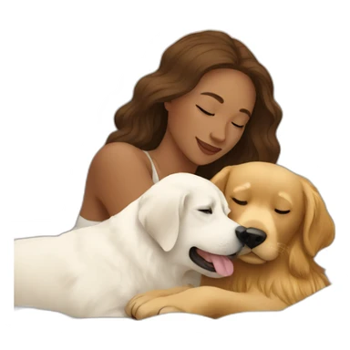 Woman in white bed cuddling a golden retriever sticker