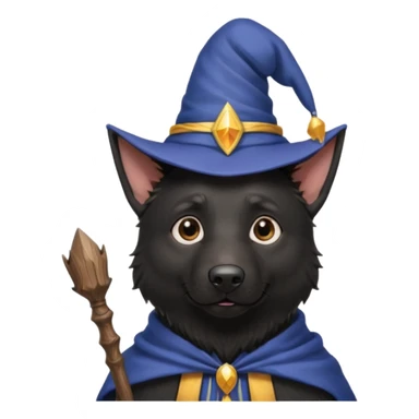 all black german shepherd face wearing a wizard hat and staff sticker