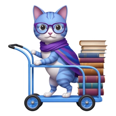 Purple and blue cat, with glasses and a shawl, pushing a 4 wheeled cart full of books sticker