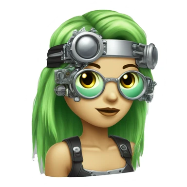 Light green long hair female cyborg head with silver steampunk goggles as a headband, circuits sticker