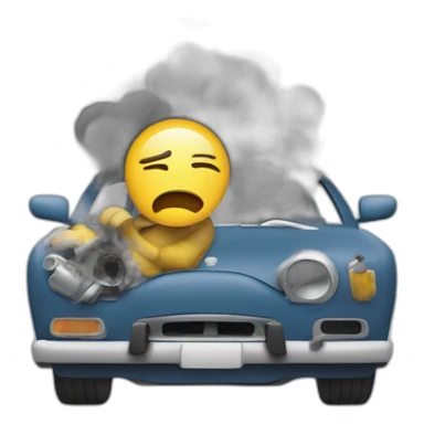A frustrated user in a broken car, that is expelling smoke from the engine sticker