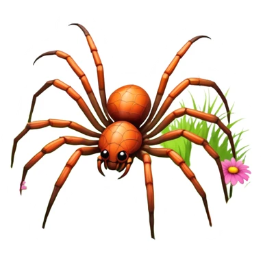 Huge spider sitting on grass with flowers, surrounded by a lush meadow. Detailed legs and body, with soft natural lighting enhancing its texture. Calm, serene background with vibrant greenery and a clear sky. Transparent background. sticker