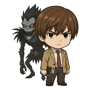 chibi style Light Yagami from Death Note serious expression, Ryuk looming in the background, brown hair, school uniform sticker