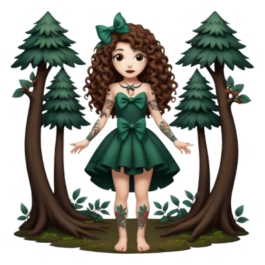 full body view of a woman with long curly brown hair, brown eyes, white skin, tattoos, playful bow like a dark forest performer sticker