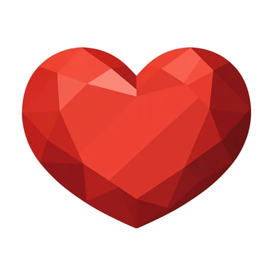 Transform this heart into a ruby in vector illustration style with no outlines, featuring a small number of large, clear, and contrasting facets. Use saturated red color with flat color fills and geometric highlights. Some facets should be lighter and some darker to create volume. Keep it minimalist for easy manual tracing. sticker