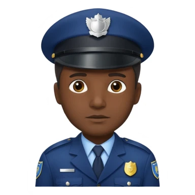 A dark-skinned man wearing a navy police hat with a silver badge, facing forward with a neutral expression. sticker