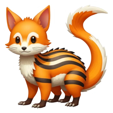 lush warm-colored Fakémon-Trico-creature (full body) with white cheek markings, white-striped tail sticker