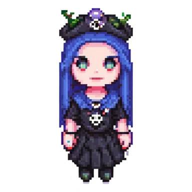 Remove the background while preserving the retro and vibrant pixel art style. Add goth accessories to the character. sticker