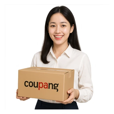 Korean style woman holding a Coupang delivery box, simple and clear depiction, bright expression sticker