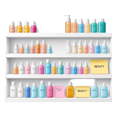 big long white shelf with one serum bottle labeled beauty brand and large sticky note next to it sticker