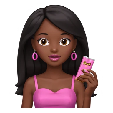 Black barbie, long black  hair, pink dress eating chocalate bar sticker
