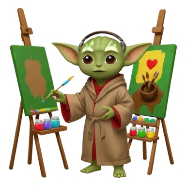 Baby Yoda in his brown linen robe with headphones in his ears, painting a picture on an easel and surrounded by paint pots. sticker