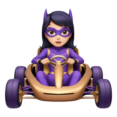 Hot full size real-appearance racing action BatGirl’s Lego feminine midnight-purple tight outfit sixty’s tv show 1992 stealthy retro sporty safe plush petite off-road pursuit hovering hover cruiser car rose gold accents (black hair,reclined and relaxed seating position) go kart  sticker