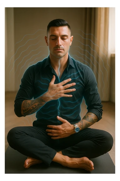 A highly realistic, cinematic portrait of a man in his early 30s with a calm, focused expression, sitting cross-legged on a yoga mat in a softly lit room. His eyes are closed, and he is performing deep diaphragmatic breathing, with one hand resting on his chest and the other on his abdomen, visibly rising and falling with each breath. A subtle glow or faint blue light outlines his body, symbolizing calm energy and nervous system regulation. Around him, faint symbolic waves or flowing lines in blue tones represent the breath calming the autonomic nervous system, while a soft warm light from a window illuminates his relaxed face. The atmosphere is peaceful and grounded, with warm natural tones and a clean, minimalist setting, evoking the feeling of inner calm and nervous system reset through conscious breathing. Style: 35mm hyperrealistic film photography, soft depth of field, warm lighting with clear focus on the man's peaceful face and breathing posture sticker