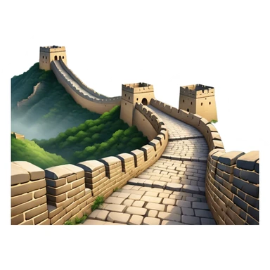 Cinematic Realistic Great Wall of China Landmark Emoji, depicted with ancient stone pathways winding over rugged mountains, watchtowers punctuating the misty landscape, and soft golden sunlight casting dramatic shadows. sticker