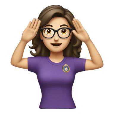 a caucasian brunette female, wearing a purple t-shirt and glasses, making the military salute gesture with her hand next to her head sticker