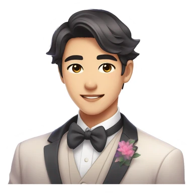 Gorgeous romantic anime style Asian formal modern gentlemanly guy with and flowers and blushing face aesthetic trending style outside with colorful gradient colors sticker
