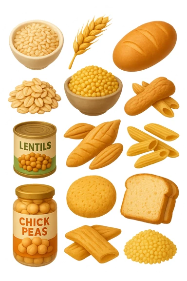 emoji stile iphone 3d di questi elementi che fluttuano in aria:

Riso, quinoa, avena, miglio, couscous senza glutine
Pasta e pane gluten-free
Farro a lievitazione lunga
Lenticchie e ceci in scatola

 che fluttuano sparse casualmente in aria, iperealistico 4k sticker