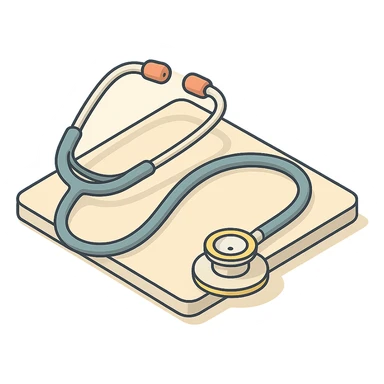 stethoscope lying on a table, isometric view, 2D isometric style, detailed drawing, detailed shadows and highlights, clean contours, soft lighting, transparent background sticker