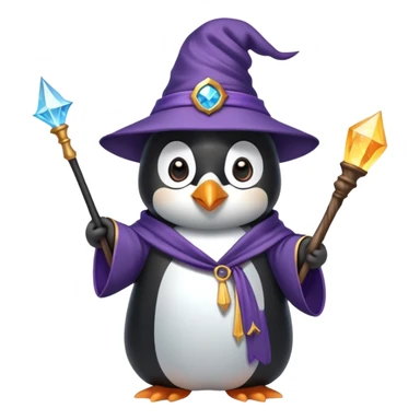 A penguin wearing a wizard hat and robe, holding a magic wand sticker