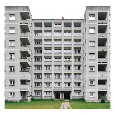 Soviet-era panel apartment building with rows of identical windows, gray concrete facade, flat roof, typical Russian multi-story residential building sticker