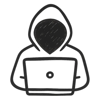 silhouette of a hooded hacker, sitting at a computer, no background sticker
