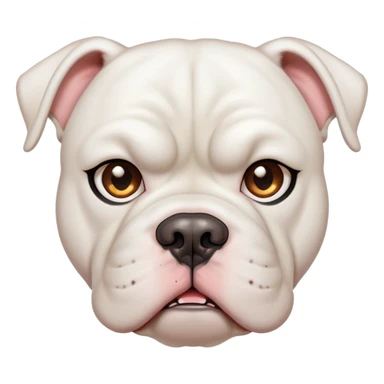 Cinematic Meme-Worthy Grumpy White American Bulldog Portrait Emoji, Head held high but eyes filled with dramatic disappointment, smooth white fur with a furrowed brow forming an unmistakable scowl, floppy ears slightly angled back in disapproval, piercing brown eyes glaring with pure exasperation, Simplified yet hilariously over-exaggerated features, highly detailed, glowing with an aura of supreme annoyance, high shine, exhausted yet judgmental, stylized with an almost regal pettiness, bright but brooding, soft glowing outline, capturing the essence of a pup that has seen it all and is thoroughly unimpressed, so meme-worthy it feels like it could instantly become the next viral sensation of grumpiness! sticker