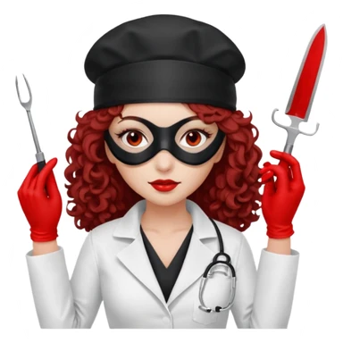 


Scary woman scalpel in hand, evil surgeon sexy surgeon clothes.  She has redcolored  eyes. Her  hair only is free ne brown long curly hair. Wears sexy doctor outfit with red gloves. make her wear full ski mask yo mask and nose mouth mask  to hide. Wears white surgeon coat, wears  stilettos sticker