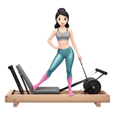 Create a Pilates emoji: a girl with fair skin and black hair, wearing a grey bra and grey leggings with pink pilates socks, doing  mermaid on a wooden reformer. Make it look at the reformer. Make the colors neutrals. sticker
