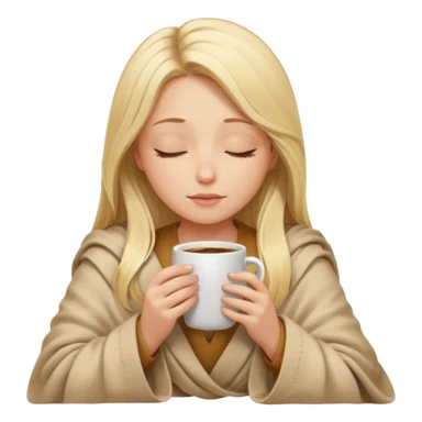 Blonde girl long hair inside a beige blanket sipping coffee eyes closed sticker