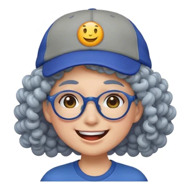 a female, yellow faced emoji, simple style, big smile, winking, blue ball cap on backwards, cartoon, curly grey hair, no eye color, glasses sticker