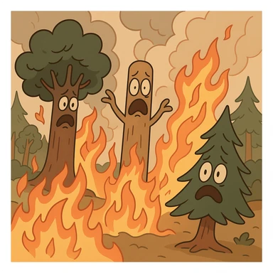 forest fire with expressive trees and fire in a cartoon style sticker