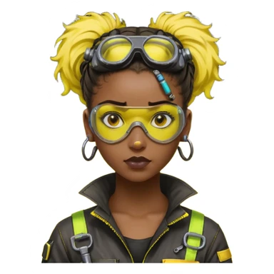 Cyberpunk black female mechanic, yellow tech goggles on forehead, messy hair bun, ear piercings, tool collar, grease smudge on cheek, focused expression, neon yellow lighting sticker
