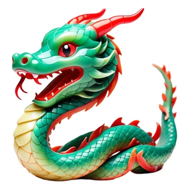 Cinematic Cute Chinese Serpent Dragon Portrait Emoji, Head tilted playfully and inquisitively, showcasing a slender, flowing body with vibrant jade scales and soft vermilion accents intertwined with whimsical wisps of cloud and water details; rendered with realistic finesse and warm natural light, high shine, charming and spirited, styled with a touch of mythic whimsy, soft glowing outline, capturing the essence of a mischievous yet endearing celestial dragon poised to weave magic into your dreams! sticker