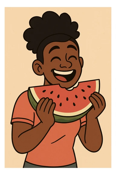 a Black person with a watermelon slice, happy expression, inclusive and uplifting, flat toon style sticker