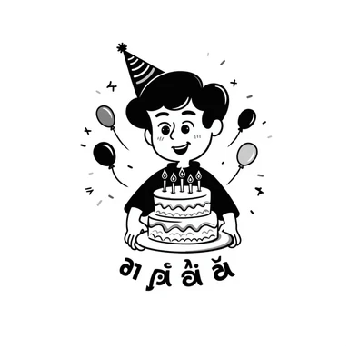 Extremely colorful and bright drawing of a cheerful boy with a birthday cake, rainbow colored decorations and party elements. At the bottom in large, bold, prominent Persian text write: "امیدرضا جان تولدت مبارک" sticker