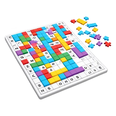 A photorealistic icon with a colorful, fragmented crossword magazine, a 3D puzzle, and a partially completed puzzle on a table. Bright, detailed design with realistic lighting. Transparent background, clearly symbolizing puzzles and brain games. sticker