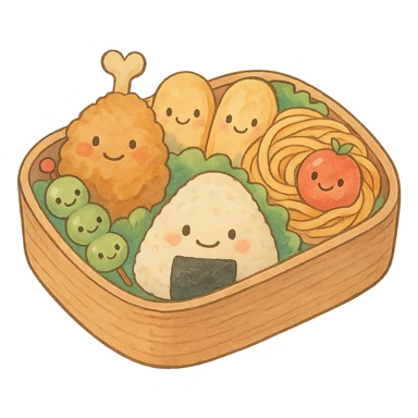 Japanese style bento box, soft pastel kawaii hand-drawn, full object, transparent background, with cute food faces sticker