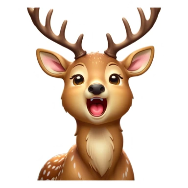 Cinematic Cute Yawning Deer Portrait Emoji, Head tilted slightly with a dramatic, wide-open yawn, revealing a soft, dappled coat and elegantly drooping ears, eyes barely open in drowsy contentment, Simplified yet irresistibly adorable features, highly detailed, glowing with a soft, cozy glow, high shine, relaxed yet expressive, stylized with a touch of natural whimsy, bright and endearing, soft glowing outline, capturing the essence of a sleepy yet affectionate deer, so drowsy it feels like it could stretch right out of the screen and curl up for a nap! sticker