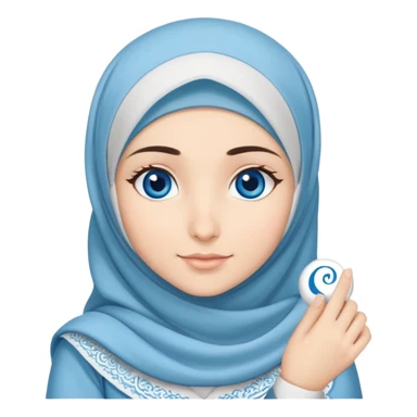 Turkish beautiful finish Konya girl blue eyes with cloudy hijab islamic long tailed dress and had on her hand text Eid Mubarak  sticker