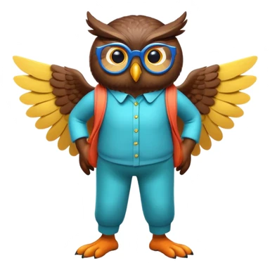 friendly anthropomorphised night owl with wings instead of arms, colourful pants and shirt, wearing glasses, walking upright, night owl features and colours, unique pose 1 sticker