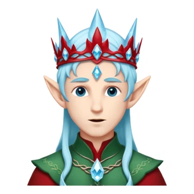 Fantasy elf portrait emoji, icy blue crystal crown with deep red accents, elegant elven features, cold noble winter expression, ice and crimson color palette, minimal clean design, flat readable emoji style, male variant sticker