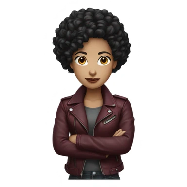 Black curly hair girl wearing a burgundy biker jacket sticker