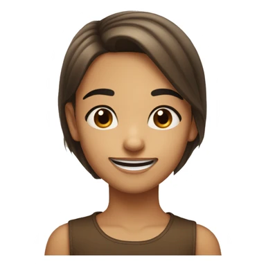 The girl is smiling sweetly; she has crooked upper teeth (with canines pointing forward), straight brown hair, brown eyes, black eyebrows, a snub nose, and is very cute. sticker